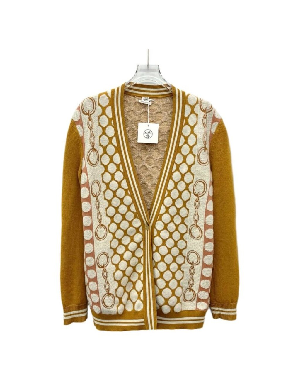 Hermès Orange Lock & Polka Dot Jacquard Wool V-Neck Knit Cardigan